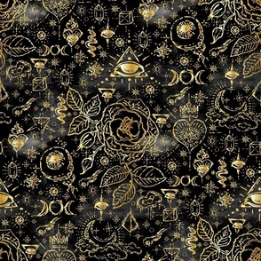 Celestial roses gold on black watercolor Large scale