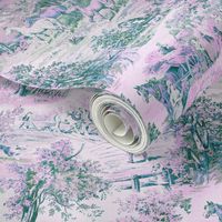 Farm Scene Toile in Pink, Green and Blues