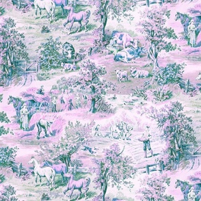Farm Scene Toile in Pink, Green and Blues