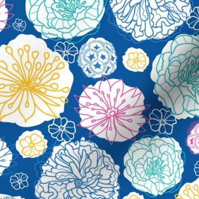 Warm day flowers on blue repeat pattern