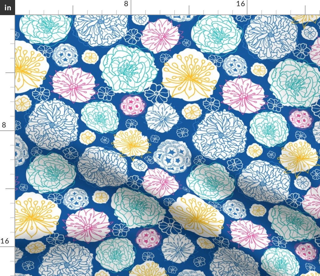 Warm day flowers on blue repeat pattern