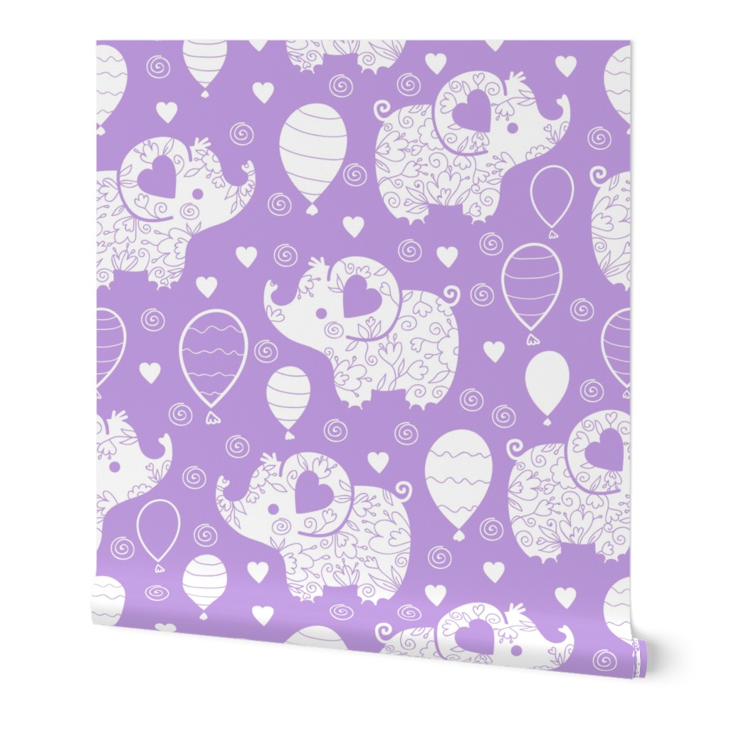 Cute elephants with balloons on light purple repeat pattern