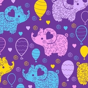 Cute elephants with balloons on purple repeat pattern