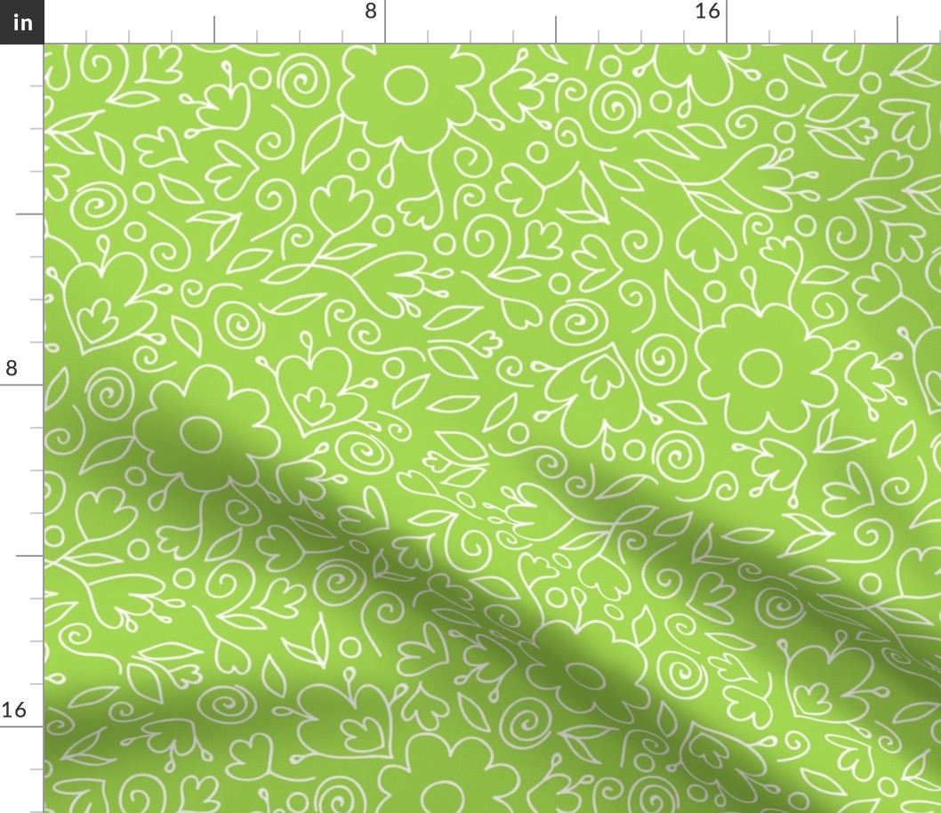 Doodle summer flowers on light green repeat pattern