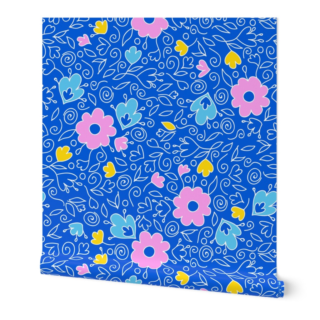 Doodle summer flowers on royal blue repeat pattern