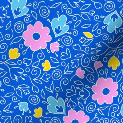 Doodle summer flowers on royal blue repeat pattern