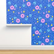 Doodle summer flowers on royal blue repeat pattern