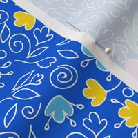 Doodle summer flowers on royal blue repeat pattern