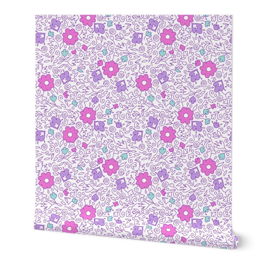 Doodle summer flowers on white repeat pattern