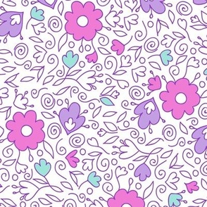 Doodle summer flowers on white repeat pattern