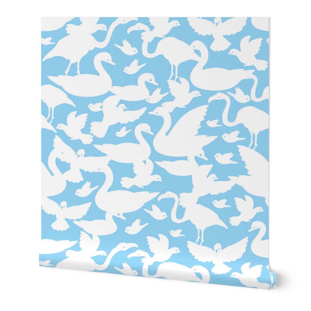 White birds silhouettes on light blue repeat pattern