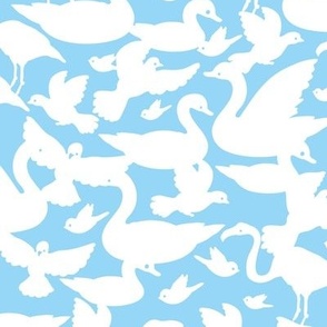 White birds silhouettes on light blue repeat pattern