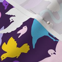 Colorful birds silhouettes on purple repeat pattern