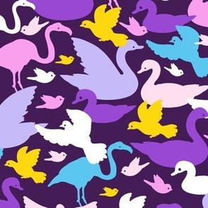 Colorful birds silhouettes on purple repeat pattern