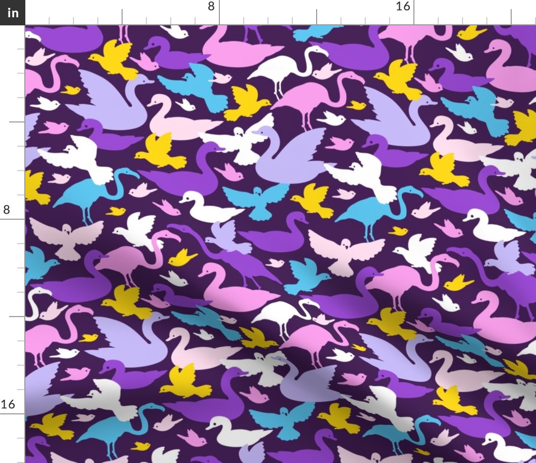 Colorful birds silhouettes on purple repeat pattern