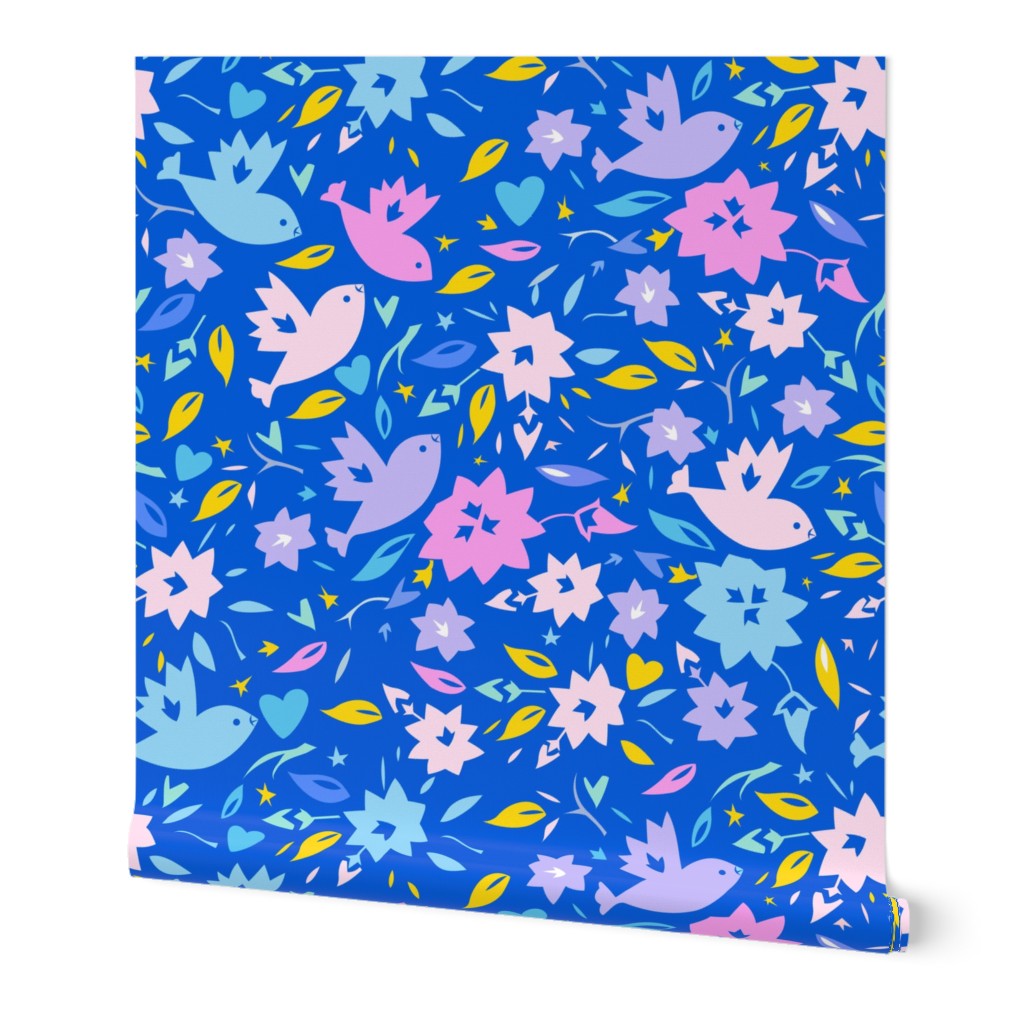 Birds in the summer garden on royal blue repeat pattern