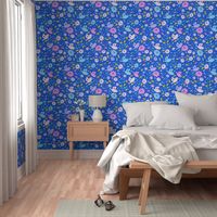 Birds in the summer garden on royal blue repeat pattern