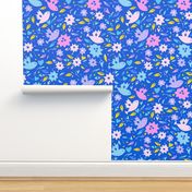 Birds in the summer garden on royal blue repeat pattern