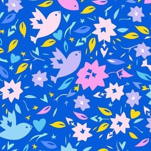 Birds in the summer garden on royal blue repeat pattern