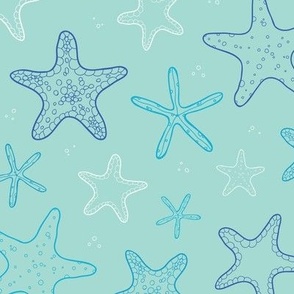 Blue and white sea stars on mint green doodle repeat pattern