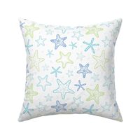 Blue and green sea stars on white doodle repeat pattern