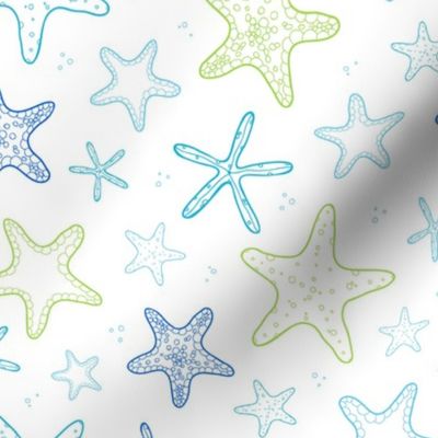 Blue and green sea stars on white doodle repeat pattern