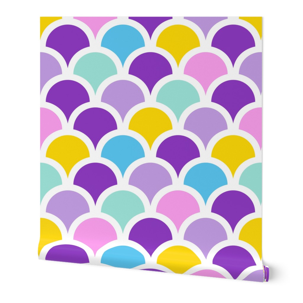 Colorful geometric scales on white repeat pattern