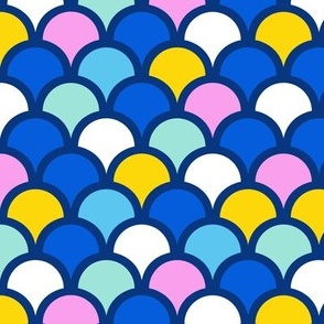 Colorful geometric scales on blue repeat pattern