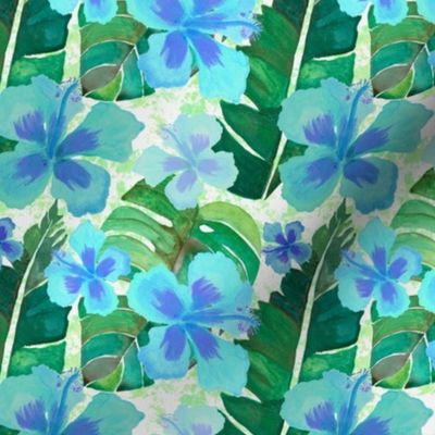 Tropical Hibiscus Leaves in Blue and Green