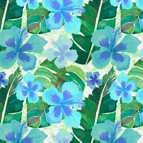 Tropical Hibiscus Leaves in Blue and Green