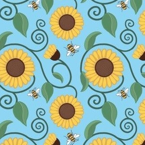 Art nouveau fluffy sunflowers on blue