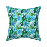 Tropical Leaves and Hibiscus in Blue