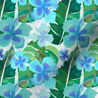 Tropical Leaves and Hibiscus in Blue