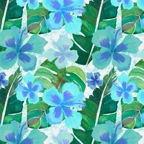 Tropical Leaves and Hibiscus in Blue