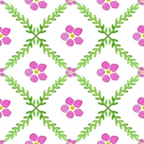 Pink flowers on diamond grid with yellow