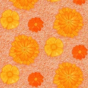 orange flowers on textured orange hand-painted watercolor pencil Scotch marigold California poppy Mexican sunflower