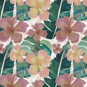 Muted Tropical Leaves and Hibiscus 