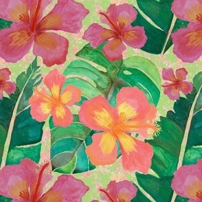 Tropical Leaves and Hibiscus Green