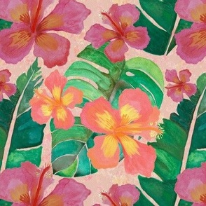 Tropical Leaves and Hibiscus Pink