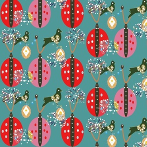 1940's Retro Ladybugs, Bird And Dandelion Garden - Denim Blue