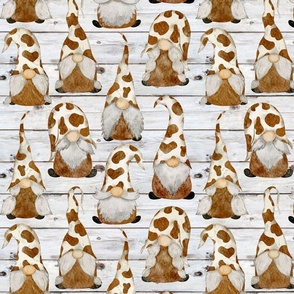 Cow Print Gnomes Brown on White Shiplap - large scale