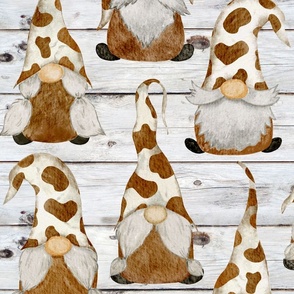 Cow Print Gnomes Brown on White Shiplap - extra large scale