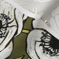 White Chalk Anemones on Olive Green - large scale