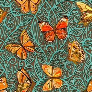 Butterfly Art Nouveau in Retro Orange and Teal - large print