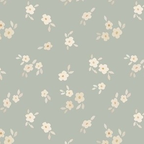 beige watercolor florals - medium- sage green