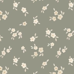 beige watercolor florals - medium- dark sage