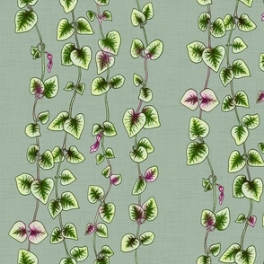 String of Hearts, Green Pink on Sage