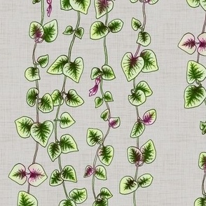 String of Hearts, Green Pink on Soft Grey