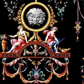 white medusa lady justice Iustitia blindfolded swords scales baroque rococo roses flowers floral leaves leaf Victorian beautiful lady woman goddess gems jewels cupid cherubs wings children arrows torch flames bows laurel wreath bouquets roman Greek Grecia