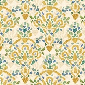 Textured Ornamental Victorian damask with Hearts - multicolored gold ochre with green and blue 